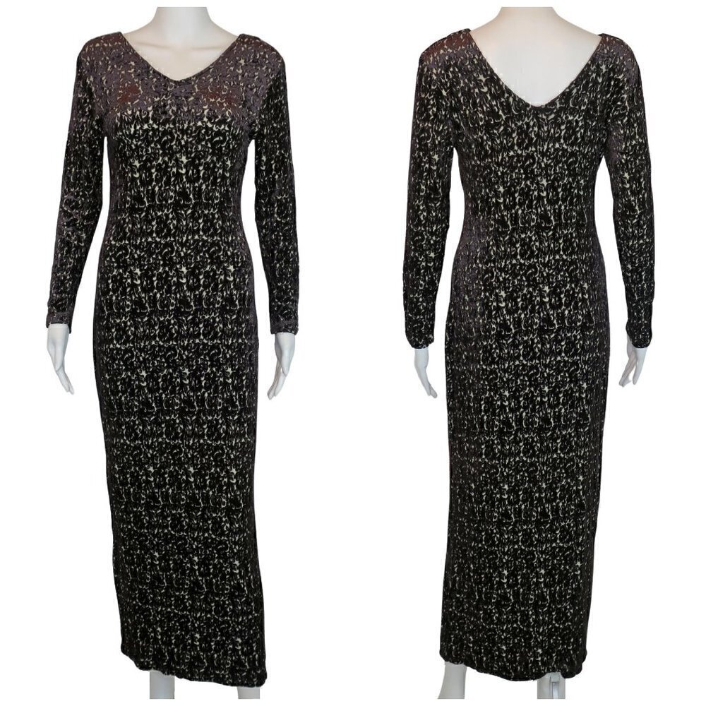 Vintage 90s Y2K Caron Joy Designworks Maxi Dress Black Velour Burnout Stretch